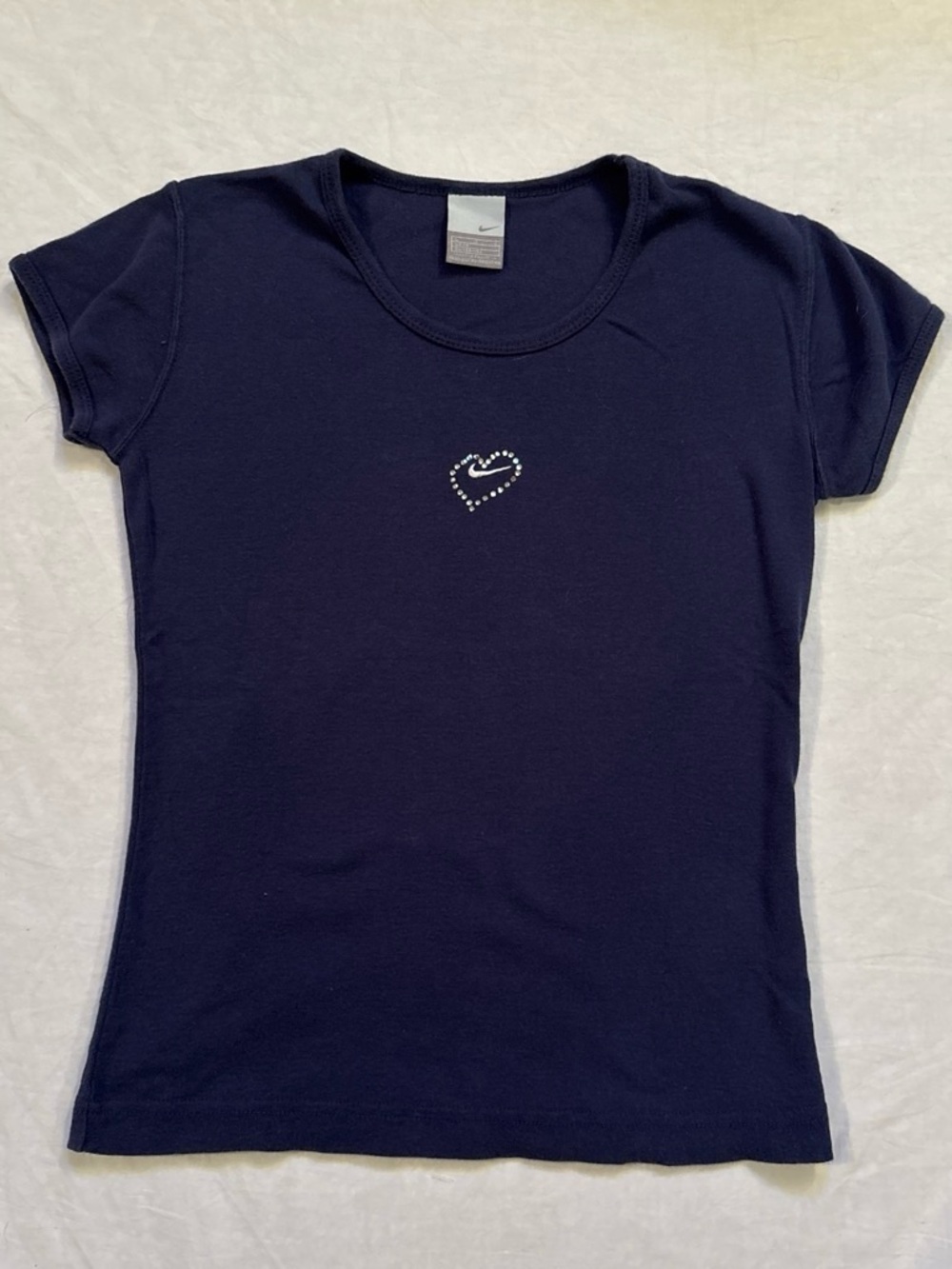 Vintage Y2K Nike Rhinestone Heart Swoosh Baby Tee Navy XS / S